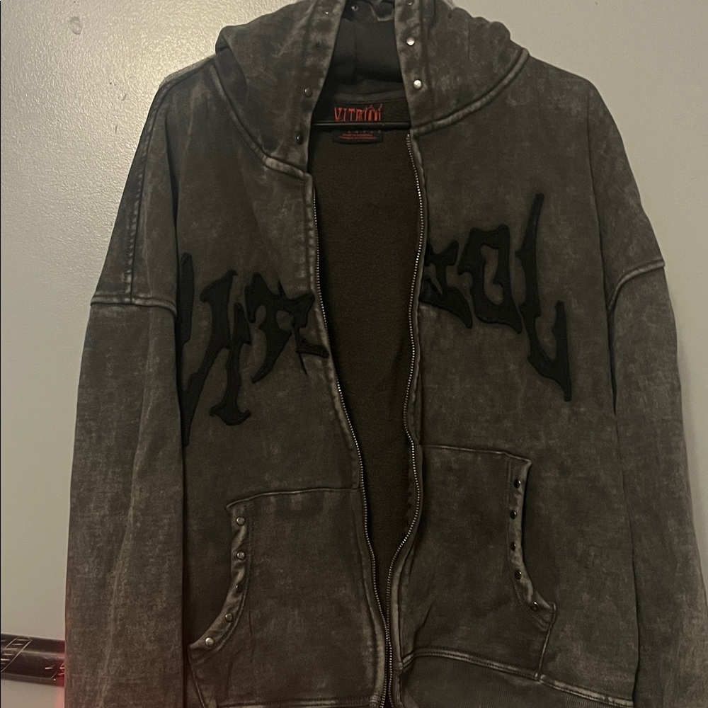 Vitriol Distressed Charcoal Black Zip-Up Sweater Hoodie
